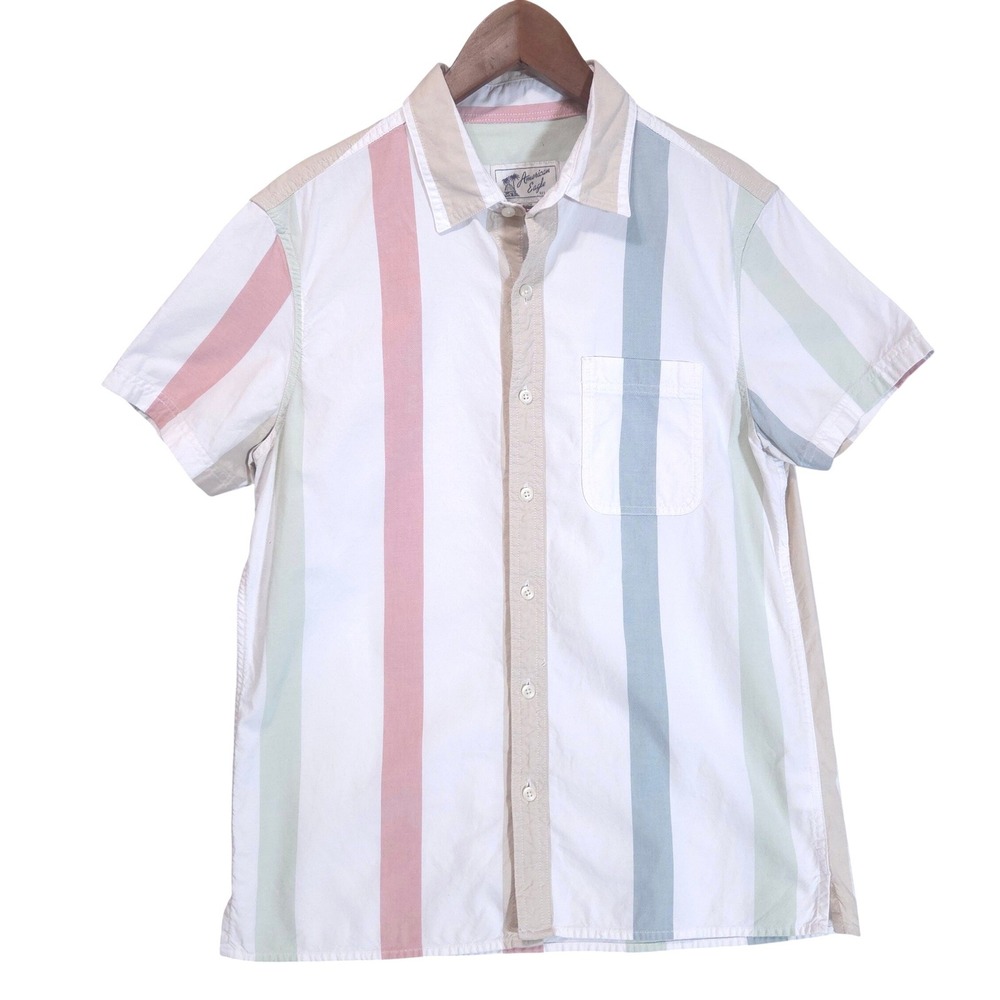 American Eagle Striped Button Down Shirt Mens M Short Sleeve Cotton Pastel Light